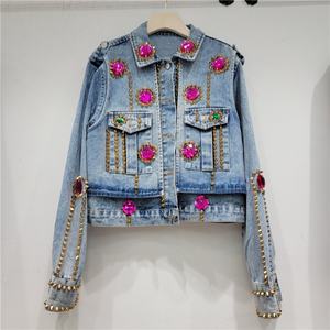 Denim <b>Jacket</b> With <b>Rhinestone</b> Beading And Studs Casual Regular Fit Short Women's Coat - Product Image 1