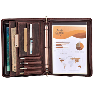 custom cow hide leather business portfolio folders 3 ring binder zipper padfolio