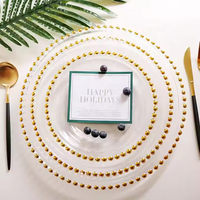 Assiettes de présentation en verre transparent rondes, dorées et argentées, avec perles, pour mariage, fête, hôtel - Vente en gros
