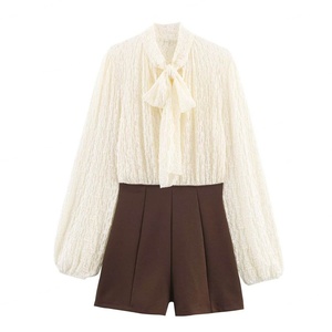 ZA 2026 Autumn/Winter Summer New Arrival Vintage Casual <b>Tie</b> <b>Neck</b> Lace Patchwork Long Sleeve Short Shorts <b>Tie</b> Dye 100% Polyester - Product Image 1