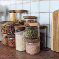Bocaux à épices HEMERA en verre borosilicate côtelé, hermétiques, avec couvercle en bois d'acacia, 350 ml, portables pour le camping et la cuisine, stockage alimentaire