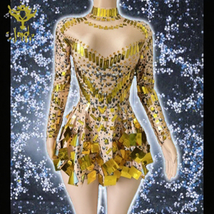 Robe de soirée mini à sequins miroir, manches longues, dos nu, col halter, costume de performance pour chanteuse danseuse - Product Image 3