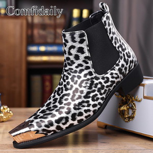 Bottines Chelsea pour homme Comfidaily à imprimé léopard, bout carré, en cuir véritable, à enfiler, tendance mode - Product Image 1