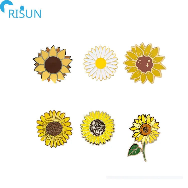 Großhandel Günstige Sonnenblumen brosche Benutzer definiertes eigenes Logo Weiche harte Emaille Happy Sunflower Emaille Pins Abzeichen Blume Pflanze Glitter Geschenk