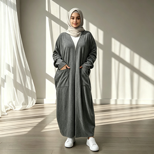 Manteau Abaya ouvert en coton chaud d'hiver avec poches, vêtements décontractés pour femmes musulmanes, couleur unie, manches longues (1997) - Product Image 2
