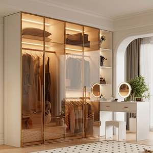 Armoire moderne de luxe en bois et verre avec tringle de suspension pliable, étagères et tiroirs, solution de rangement écologique et peu encombrante pour villa - Product Image 4