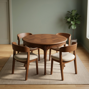 <b>Round</b> Wooden <b>Dining</b> <b>Table</b> <b>Set</b> Teak Finish Wood Chair <b>Set</b> Modern <b>Dining</b> Room Furniture - Product Image 3