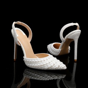 Big Size <b>Ladies</b> Full Pearl Decorated High Heels Pointed Toe Slingback <b>Pumps</b> Elegant <b>White</b> Dress Shoes Women Sexy Heeled Sandals - Product Image 4