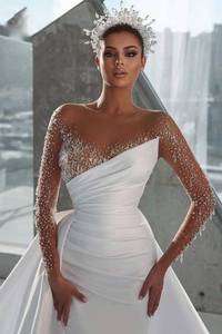 S6986F livraison directe nouveau <span class=keywords><strong>Saton</strong></span> haut de gamme à manches longues dentelle coupe ajustée mariée grande taille robe de bal robes de mariée - Product Image 2