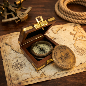 Antique <b>Wooden</b> <b>Box</b> With Nautical Pocket Compass Portable Navigation Gift for Hiking Camping - Product Image 3