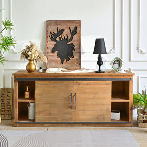 Meuble TV rustique en bois fait main avec porte coulissante et rangement, finition antique, pour salon - Product Image 4