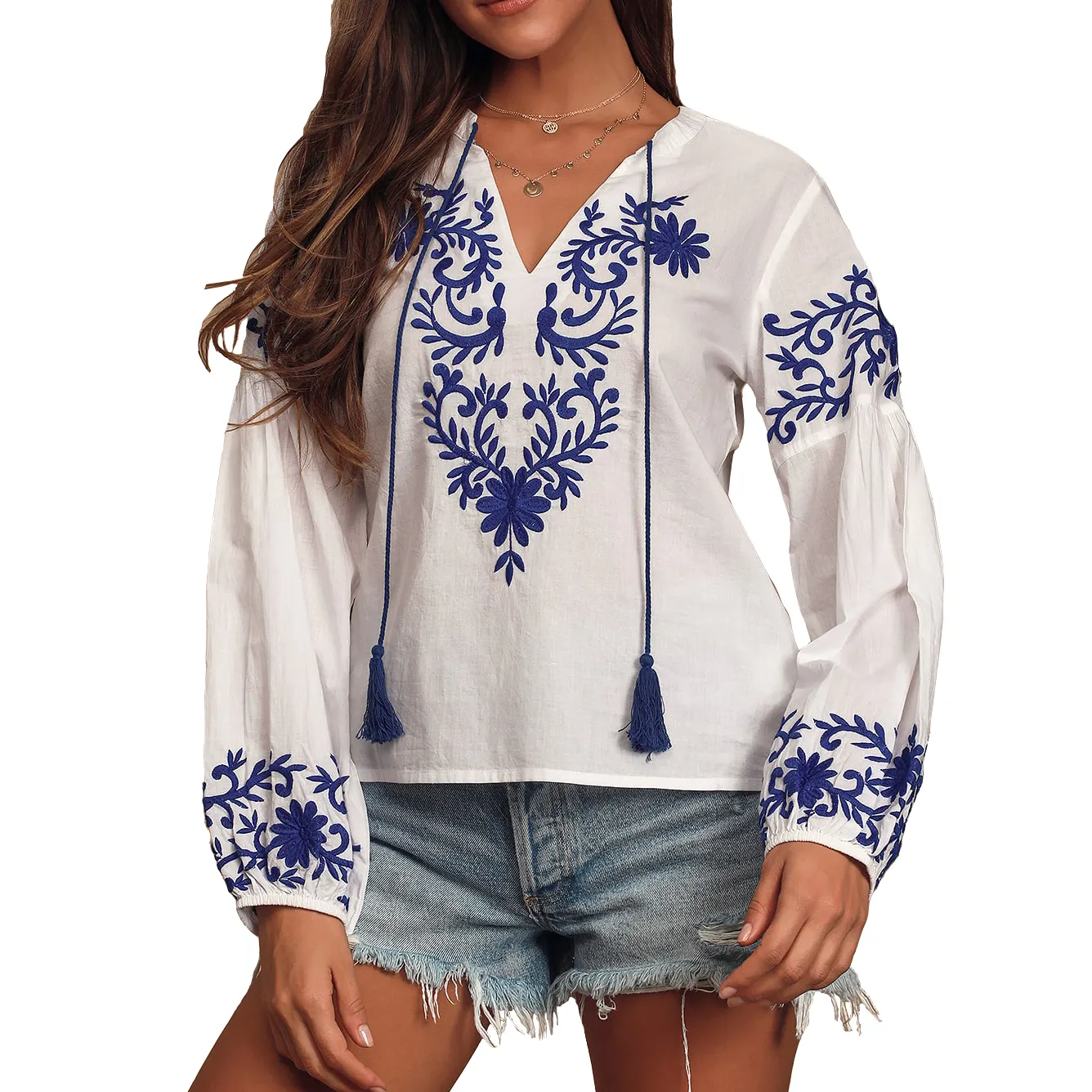 Women's Long Sleeve Ruffled Embroidered Chiffon Blouses tops