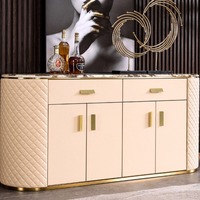 Buffet moderne de luxe en bois massif avec plateau en marbre et design en cuir, table console multifonctionnelle pour cuisine et salle à manger