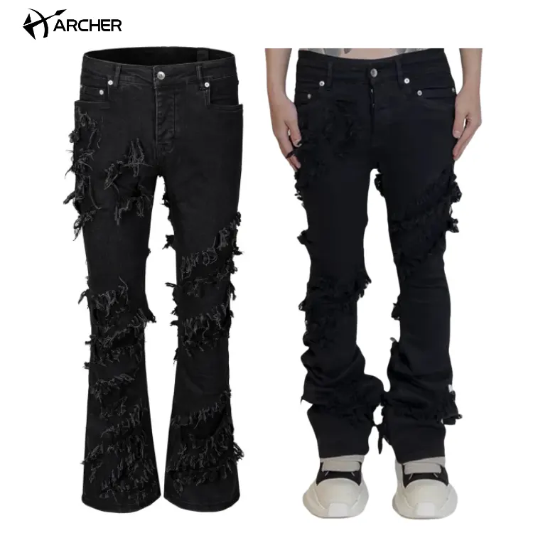 wholesale designer high elasticity flare black pants stacked skinny jeans men distressed flare jeans men string Patch jeans men