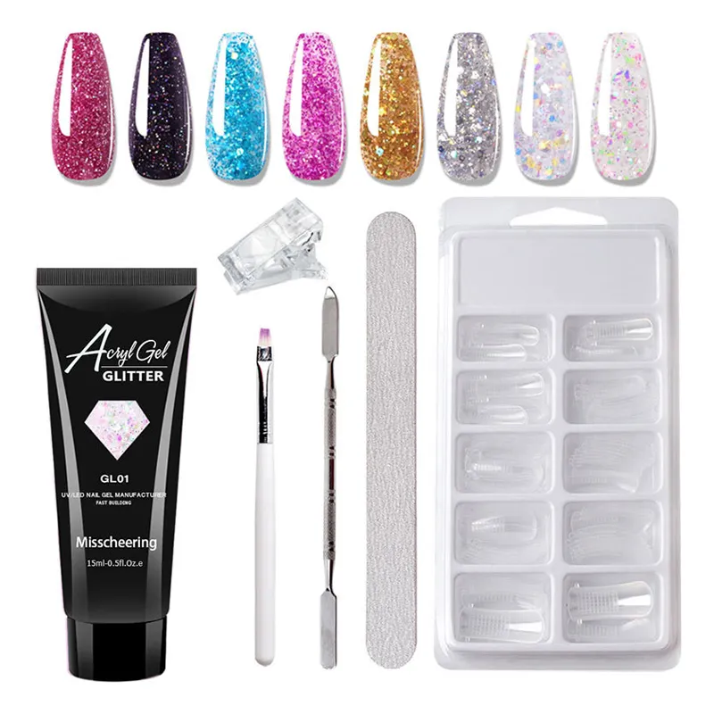 15ml Poly UV Gel Set Glitter Acrylic Nail Gel Kits with False Tips Mould Quick Builder Extension Nails Gel Polish