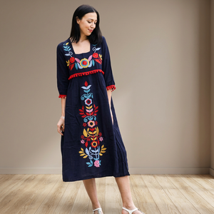 Boho Maxi <b>Dress</b> Women 100% Cotton Hand Embroidered Floral Print <b>Loose</b> Fit Three Quarter Sleeve Square Neck Summer Casual <b>Dress</b> - Product Image 4