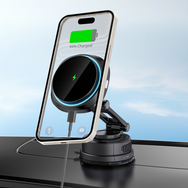New 15W Magnetic Wireless Charging ABS Phone Holder 2-Sided Any-Angle Rotation Strong Vacuum Bracket Car Phone Holder for