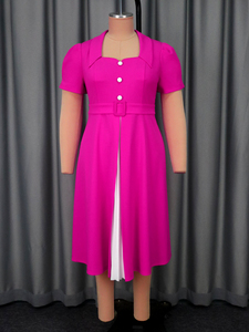 AM050611 elegante lapela colarinho contraste cor curto sopro manga rosa uma linha plus size midi formal igreja vestido casual das mulheres - Product Image 4