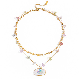 Collar de acero inoxidable de doble capa con piedras de colores y colgante ovalado para mujer, joyería de moda. - Product Image 1