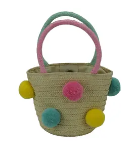 Summer Fashion Style Custom Design Kids Natural Straw Bag Girls Handmade Beach Bucket Clutch Handbag