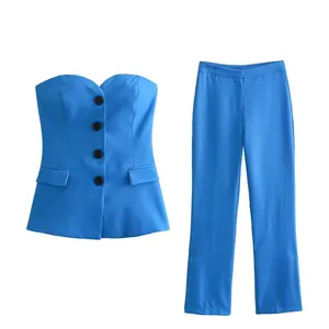 Wholesale Y2K New women's clothing European and American flip top underwear vest + pants leg split straight pants suit