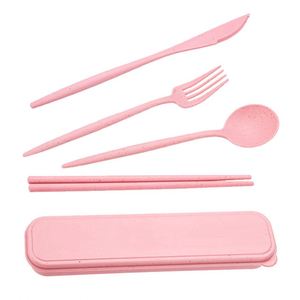 Custom Wholesales Portable Knife Fork Spoon Chopstick Camping 4 Pcs <b>Reusable</b> Wheat Straw <b>Cutlery</b> <b>Set</b> With Case - Product Image 3
