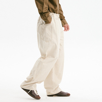 Celana Kerja Unisex Gaya Vintage Kasual Lurus 100% Katun dengan Pewarnaan Berwarna, Pinggang Sedang, Depan Rata, Kancing Depan