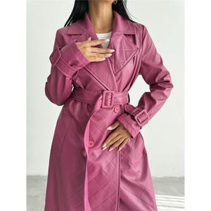 Abrigo de Cuero Acolchado Color Fucsia para Mujer, Estilo Casual, Relleno de Algodón, Exterior de Cuero Genuino, Cierre con Cinturón, Tejido de Mezclilla, Invierno - Product Image 5