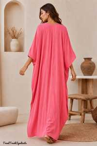 Vestido Caftán Rosa Claro de Lino/Algodón para Mujer, Cuello en V, Corte Regular, Tejido de Punto Maxi, Silueta en A, Ecológico, Informal, para Fiesta - Product Image 4