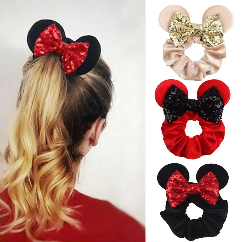 June Women Mouse Ears Sequin Bows Velvet Scrunchies Elastic Rubber Hair Band Cute Hair ties Rope Ponytail Holder