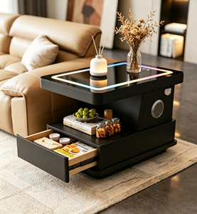 Table basse intelligente moderne avec éclairage LED, plateau en verre trempé, tiroir de rangement, meubles de salon - Product Image 1