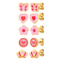 Anting-anting kancing kupu-kupu mahkota bunga enamel lucu berlapis emas 18K dari baja tahan karat, perhiasan pink custom untuk wanita, gadis, dan anak-anak