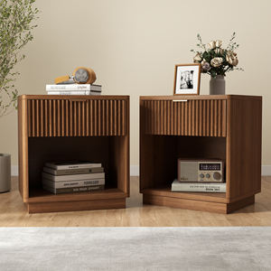 Multi-Functional Modern Wooden <b>Nightstand</b> Sensor LED Lights Charging Ports Open Storage Fluted Hospital Living Room - Product Image 1