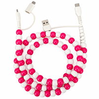 Câble de charge rapide 4-en-1 perlé rose et blanc, accessoires de mode, cadeau, cordon USB multiple pour voiture, type C