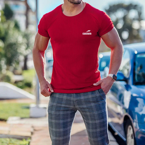 T-shirt da uomo personalizzata estiva casual sportiva fitness tempo libero in jersey tinta unita con girocollo elasticizzato a manica corta vestibilità aderente - Product Image 5