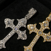 Pendentif Croix Vintage Princesse 43.4x23.8mm en Argent 925 Moissanite VVS Sertie de Pierres, Deux Couleurs Or et Argent, Thème Religieux