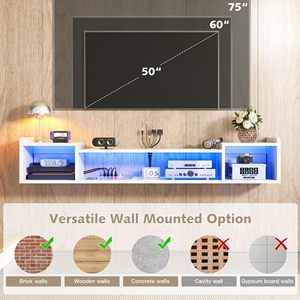 <span class=keywords><strong>Meuble</strong></span> TV flottant avec éclairage LED, prises de courant, design moderne, panneau de particules durable, grande capacité de rangement pour salon et chambre - Product Image 5