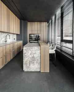 Meubles de cuisine en bois au design moderne, grain de bois vertical, finition stratifiée en noyer noir, armoires de cuisine avec îlot central - Product Image 1