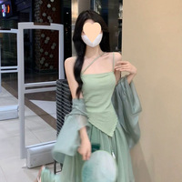Vestido Hanfu de Estilo Chino Moderno para Mujer, Conjunto de Tres Piezas, Verde, Hombros Descubiertos, Largo hasta el Suelo, Cintura Imperio, Acrílico, Casual