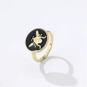 Handmade Black Gold Enamel Cameo Rings 925 Sterling Silver Signet Ring With Insect Design