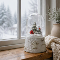 Globe à neige d'hiver avec oiseaux, cardinaux rouges sur arbres à feuilles persistantes, dôme en verre et résine, ornement de table de Noël, décoration pour la maison et le bureau, cadeau