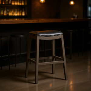 Weathered Gray 30 Bar Height Saddle <b>Stool</b> With Black <b>Leather</b> Seat Bar Furniture Commercial Use - Product Image 2