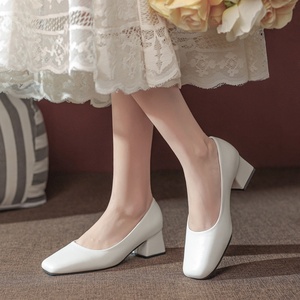 2022 New Women's <strong>Small</strong> Leather Shoes Plus Size 41 <strong>Black</strong> Square Toe Shallow Thick <strong>Heel</strong> PVC High Spring Work Shallow Thick <strong>Heel</strong> - Product Image 3