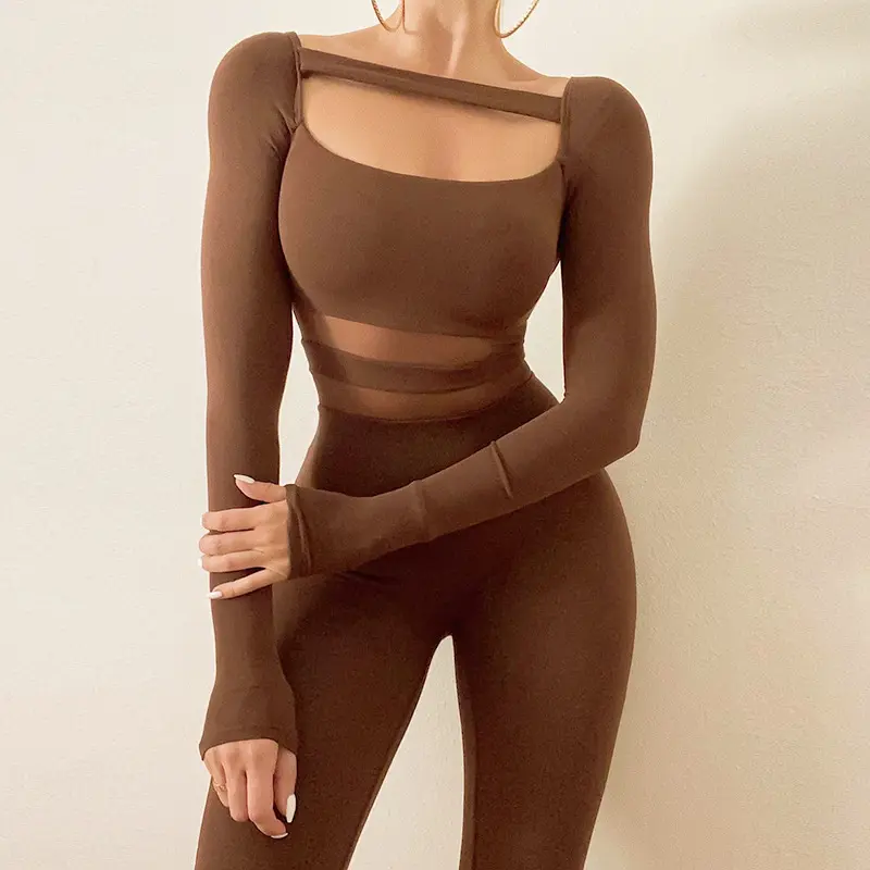 2021 New Arrive Full Sleeve Hollow Out Mesh Bodycon One Piece Jumpsuit Women's Tights Stretch Jogging Suit Long Joggers