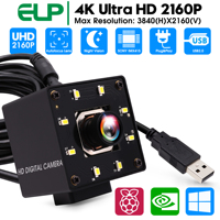 Webcam ELP 4K pour PC et ordinateur portable, capteur IMX415, pilote UVC gratuit, sans distorsion, autofocus, vision nocturne, caméra USB