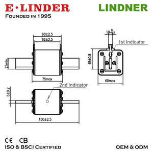 Предохранитель LINDNER с двойным индикатором, тип NH, размер 2 NH2 gG GL, класс 500В, 160А, 200А, 250А, 315А, 400А, сертифицирован CE CB, низковольтный (LV), HRC - Product Image 4
