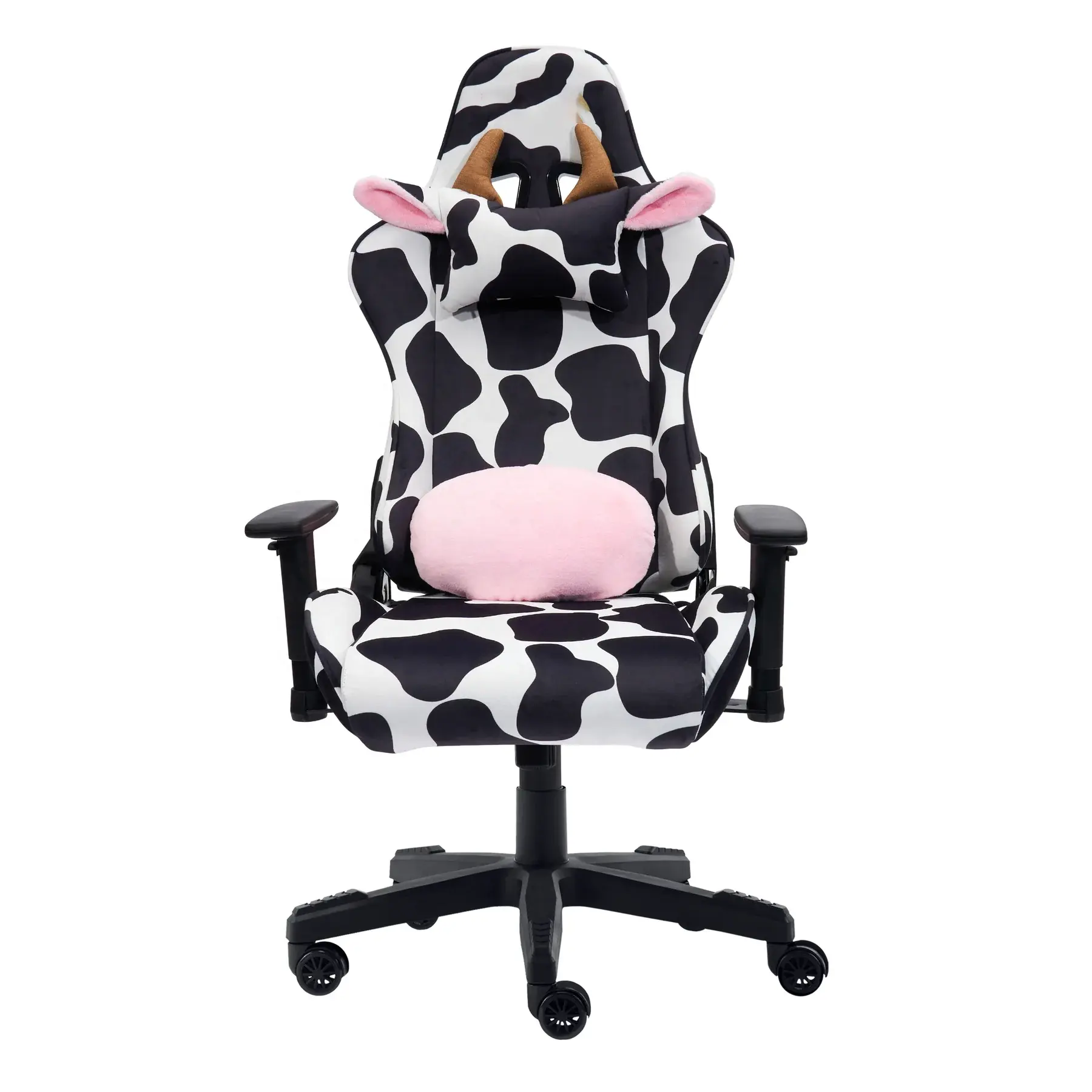 Traspirante Cow Gamer Sillas Horns Neck Pillow Computer Racing Chairs Kawaii mucche Speckle Design Cow Cloth Fabric Gaming Chair