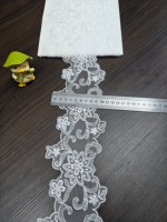 Dentelle blanche en maille tricotée brodée, bordure symétrique à motif floral en spirale, dentelle transparente à bord festonné pour robe, lingerie et accessoires de maison
