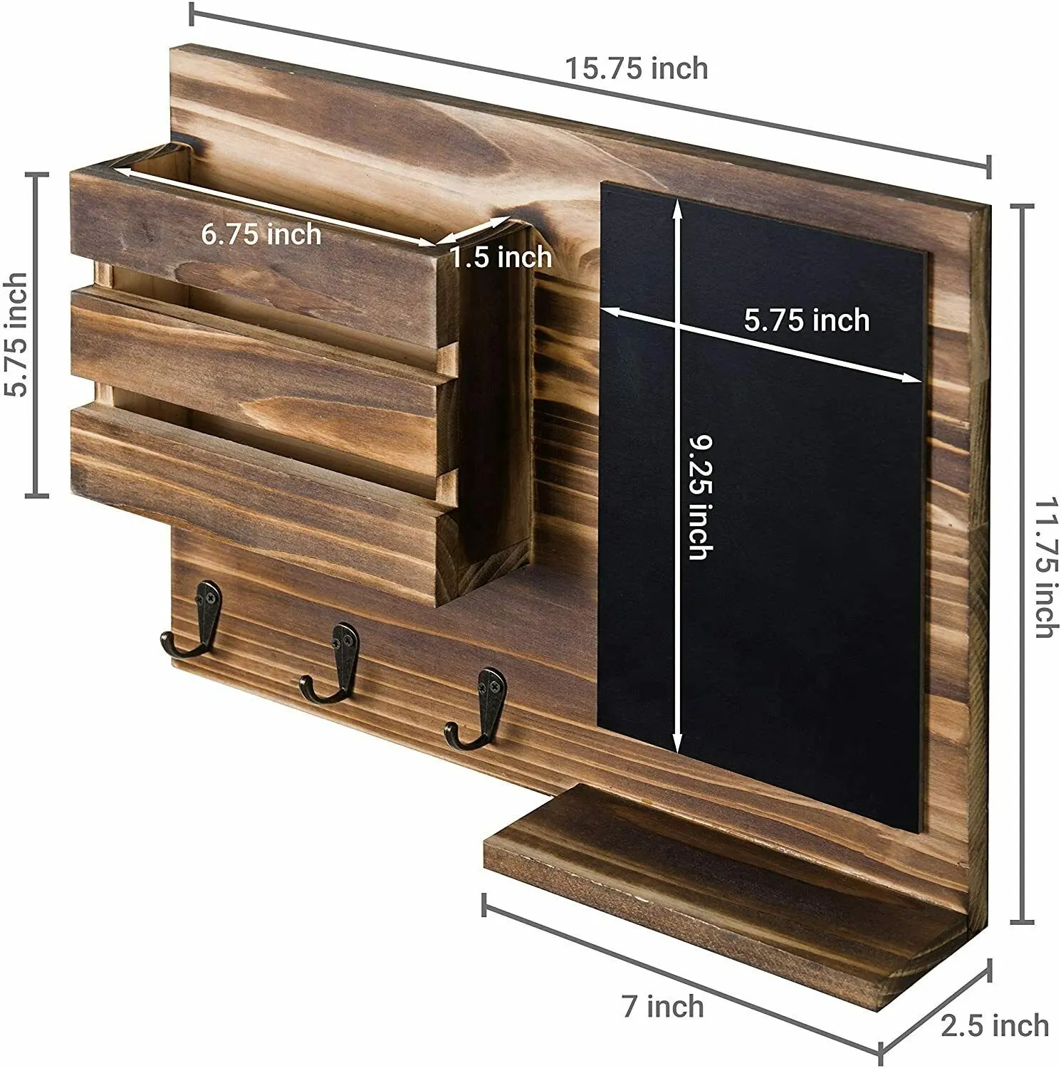 Organizador de madeira para artesanato, rack rack organizador de madeira artesanal com suporte para correio, decoração de casa com quadro negro
