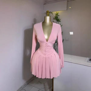 Vestido de Manga Larga para Mujer Truen con Cuello en V Plisado, Cintura Ajustada y Efecto Adelgazante, Patrón Sólido, <span class=keywords><strong>Falda</strong></span> <span class=keywords><strong>Corta</strong></span> Plisada - Product Image 3